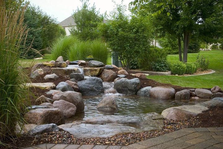 small water gardens, outdoor living, patio, ponds water features, This waterfall has a very shallow pond just a couple inches deep for the kids to play in