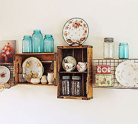 vintage crate shelves decorating diy cottage style, home decor, shelving ideas, My vintage soda crate and wire basket shelves