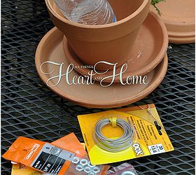 diy bird feeder from a flower pot, crafts, flowers, gardening, repurposing upcycling, Gather these easy to find supplies Terra Cotta Pot Saucers Picture Hanging Wire 5 Eye Bolt 2 Nuts Fishing Swivel Branch a water bottle Soak your terra cotta in water over night to make drilling the holes easier