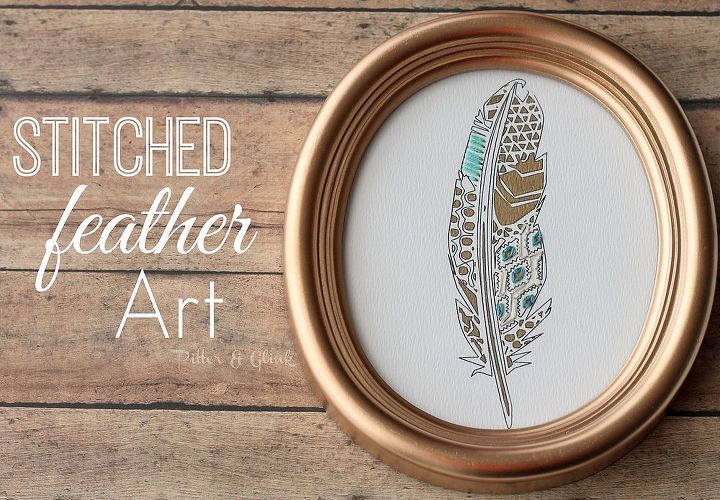 thrift store art makeover geometric stitched feather, crafts, Stitched Geometric Feather Art