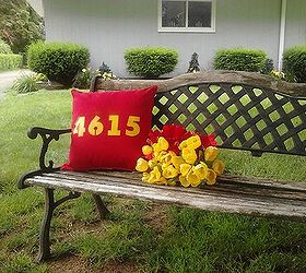 bench address pillow and flowers, crafts, flowers, gardening, outdoor living, red and yellow decorating outdoors