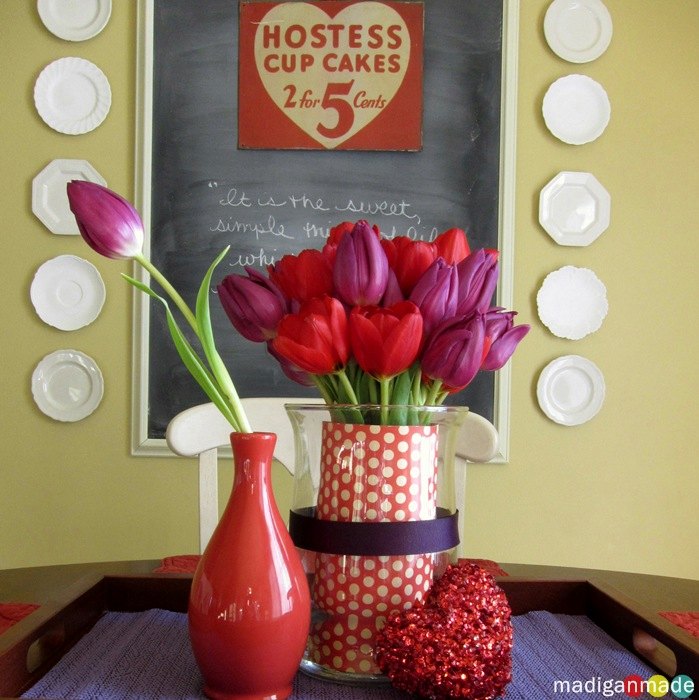 easy layered valentine s centerpiece, crafts, flowers, seasonal holiday decor, valentines day ideas, A layered centerpiece with red and purple accents Details here