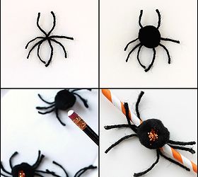 halloween spider garland, crafts, halloween decorations, seasonal holiday decor, To make one spider First cut four pieces of jute 3 long and glue them together in the center I used a non stick foil to glue my spiders on See further instructions on the blog