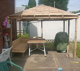 pallets 8x10 gazebo, outdoor living, pallet, here is a shot of front of gazebo with built in bench