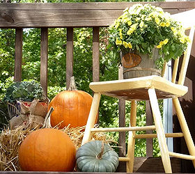 great garden chair planter ideas, gardening, outdoor furniture, outdoor living, painted furniture, repurposing upcycling, rustic furniture, seasonal holiday decor, Debbie from Debbiedoo s put together a fall vignette with a 5 chair