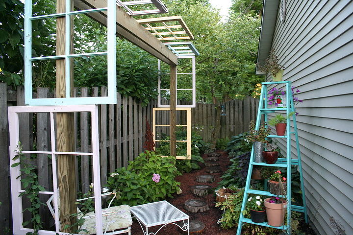 modified pergola built with recycled windows, decks, outdoor living, repurposing upcycling