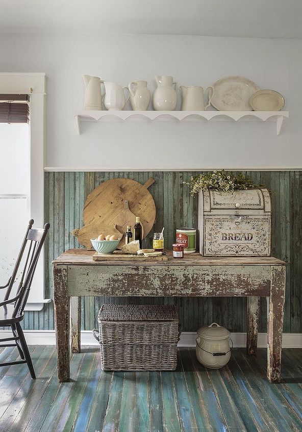 house tour a lively cottage revival, architecture, home decor, A cute pig shaped cutting board and a vintage breadbox which holds silverware add even more character to the salvaged worktable