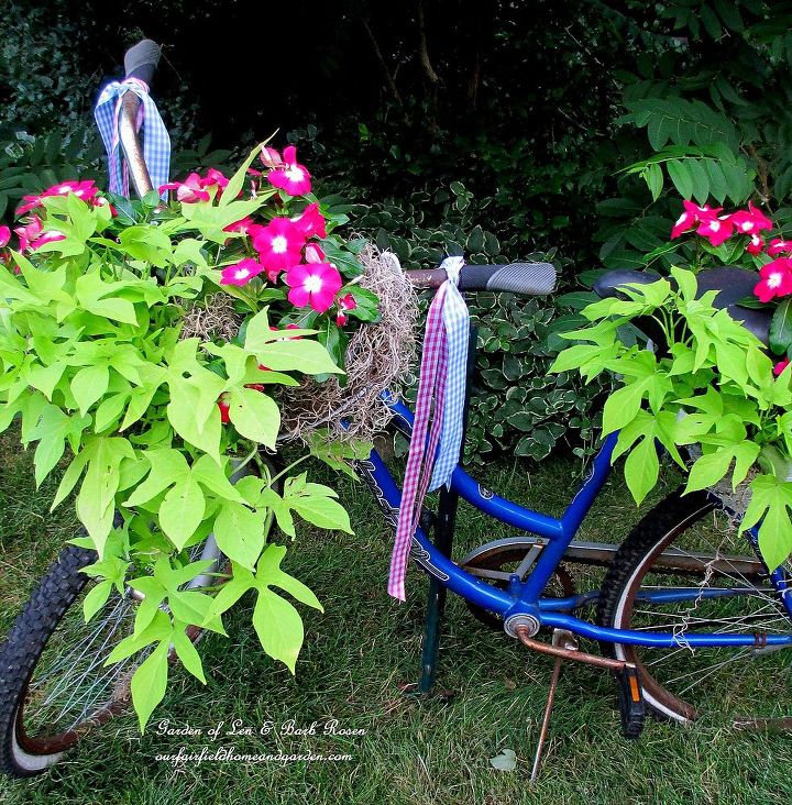 diy project my bicycle planter, gardening, repurposing upcycling, My bicycle planter complete with streamers