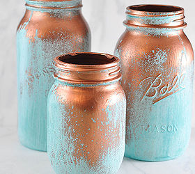 mason jars with a blue patina, mason jars, painting, repurposing upcycling, The patina dries into a beautiful greeny blue verdigris Perfect for a patio as a vase or just as decor for the mantel