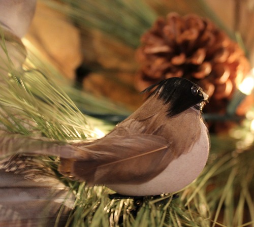 decorating a log cabin for christmas, christmas decorations, fireplaces mantels, seasonal holiday decor, wreaths, I clipped these little chickadees to the garland I love little birds