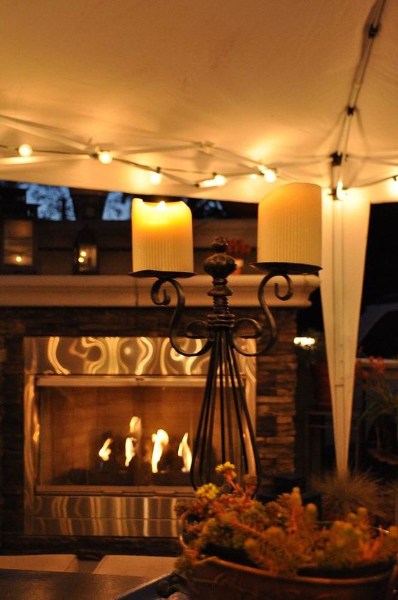 our outdoor kitchen deck and patio cover, fireplaces mantels, home improvement, outdoor living, patio, Fireplace is so cozy