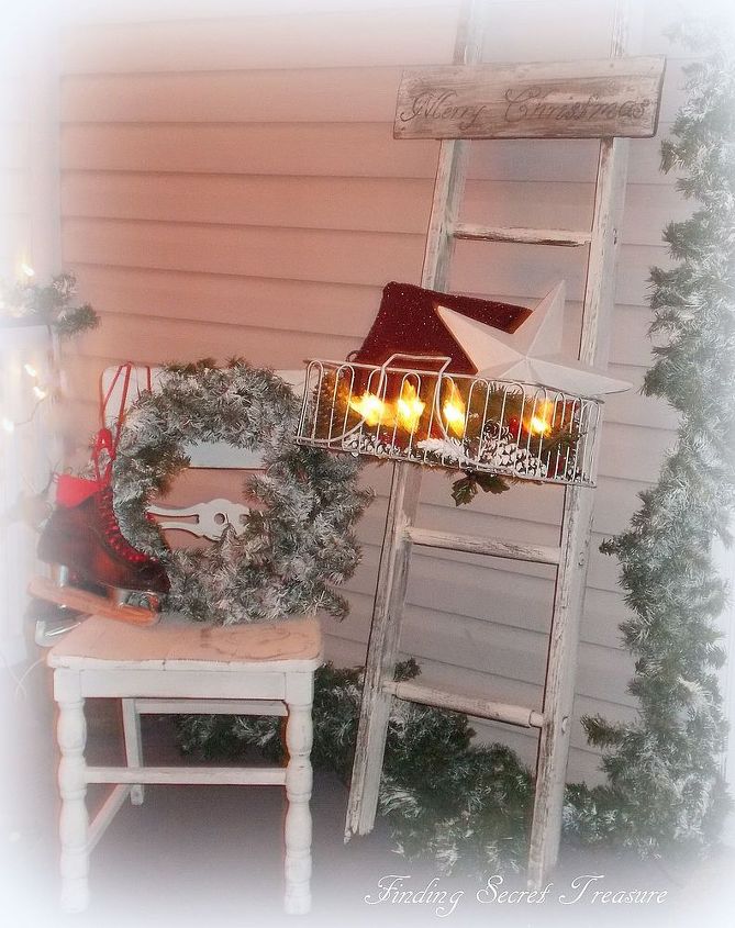 christmas porch, curb appeal, porches, seasonal holiday decor, My Grandfather s Old Ladder with a Thrift Store Wire Basket