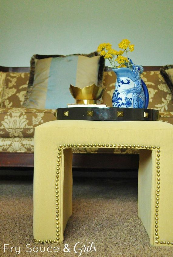 chartreuse and brass nail trim ottoman makeover, painted furniture, reupholster