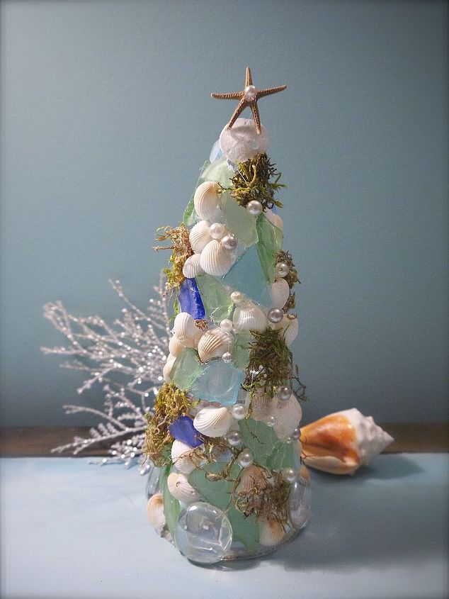 shell and sea glass christmas tree, christmas decorations, seasonal holiday decor, assorted sea glass and shells adorn the tree