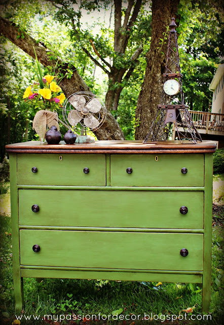 white and neglected craigslist dresser turned green beauty, chalk paint, home decor, painted furniture, Dresser transformed with home made chalk paint and Annie Sloan dark soft wax