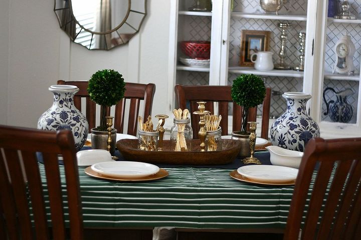 blue green and gold fall tablescape, seasonal holiday decor