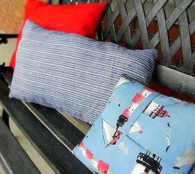 red white blue front porch updates, patriotic decor ideas, porches, seasonal holiday decor, wreaths, Pillows sewn from stash fabrics and stuffed with bags