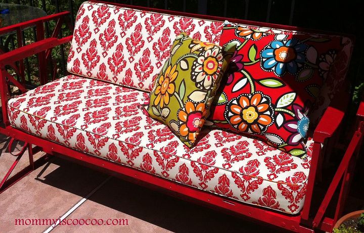 vintage glider before and after, outdoor furniture, painted furniture, I had custom out door cushions made Slightly pricey but I loved this damask fabric A reasonably priced seamstress sealed the deal