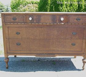 a dark wood dresser with a white top, painted furniture, woodworking projects, dresser before lighter toned wood and chunks of veneer missing off the top