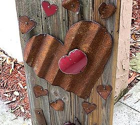 reclaimed fence board sign of love, crafts, repurposing upcycling, seasonal holiday decor, valentines day ideas, Corrugated Metal Hearts