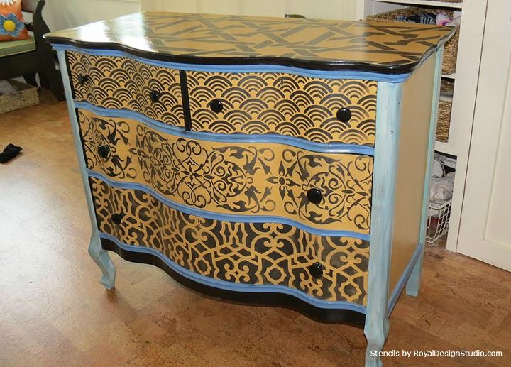 fab diy furniture stenciling ideas with royal design studio stencils, painted furniture, Click to the post to see tips for combining multiple stencil patterns on a furniture piece