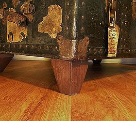 upcycled trunk with upholstered seat, diy, painted furniture, repurposing upcycling, The faux hardwood finish on the new feet is just brown paint thinned with a tiny bit of water