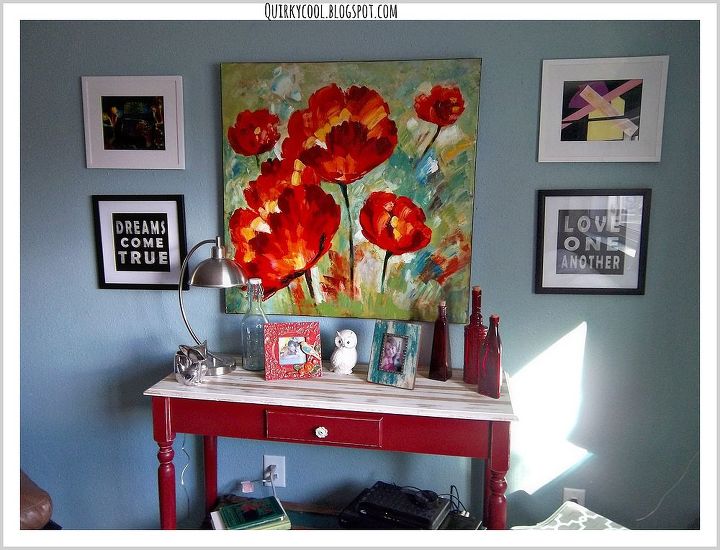 progress on our basement renovations stage 1, basement ideas, home decor, I love poppy art and I always add my kids art work through out my home The sofa table my sister painted for me