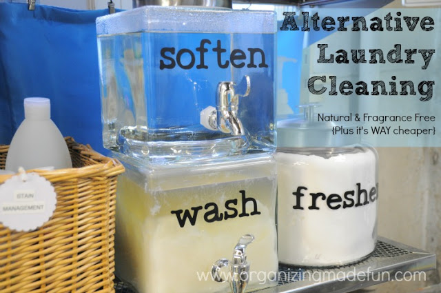 all natural laundry cleaning, organizing, Organized laundry area using beverage dispensers
