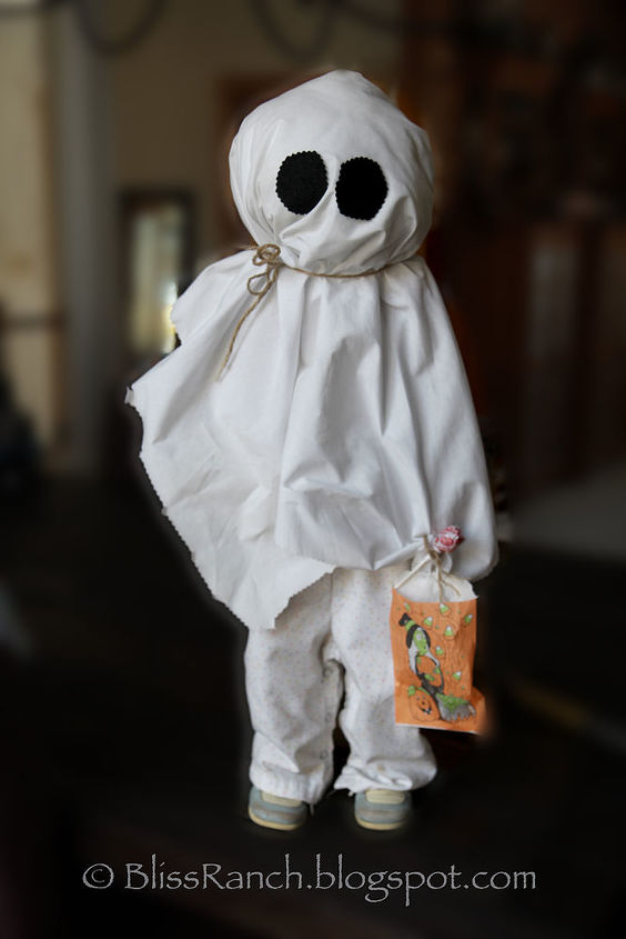 diy halloween ghosts using recycled clothes, crafts, halloween decorations, seasonal holiday decor, Wood Form Halloween Ghost Outgrown clothes version