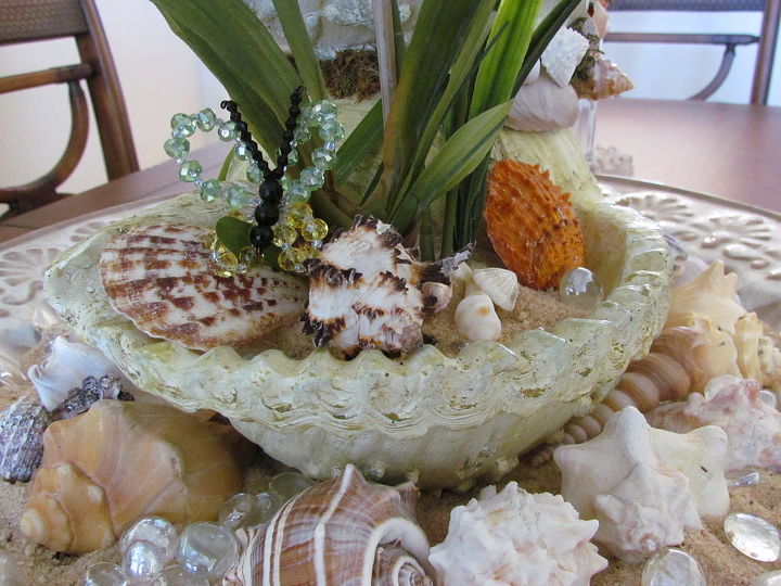 sea shell centerpiece, crafts, home decor, The bottom shell has a orchid butterfly sand and shells