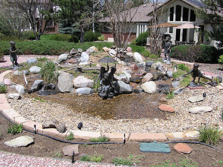 before a fountain after a pondless waterfall with bronze statuary, gardening, ponds water features, Take a look at the shrubbery after the hailstorm