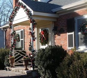 christmas curb appeal, christmas decorations, doors, seasonal holiday decor, wreaths, Sunlight sparkles against Christmas balls on the garland