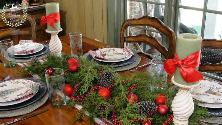 french country casual christmas tablescape, christmas decorations, seasonal holiday decor, Fill in the greens with pine cones beaded garland and balls