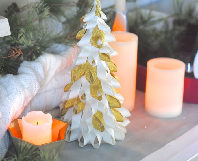 easy ribbon trees, christmas decorations, crafts, seasonal holiday decor, The first tree was inspired by a West Elm decoration I adapted it choosing to invert the ribbon loop and using a gold and white color scheme