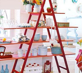 diy ladder project ideas, repurposing upcycling, shelving ideas, storage ideas, Need more colour to brighten up your kitchen Use vases flowers and a ladder Repaint your old one in a vibrant tone red fits nicely in a white kitchen add some wooden shelves and arrange as much bouquets as you can