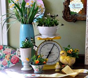 daffodil and pansy spring vignette, living room ideas, seasonal holiday decor