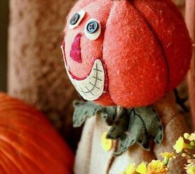 small bursts of fall on the porch, porches, seasonal holiday decor, wreaths, Vintage style pumpkin scarecrow has a welcoming grin
