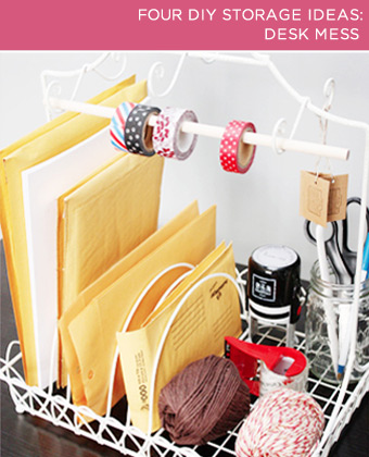 four diy storage ideas, cleaning tips, Desk Mess Even if you don t have a paper mountain problem you probably still have a bunch of stuff hanging out on your desk Keep the tape important folders and pens under control by using a dish rack