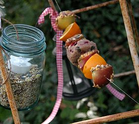 vintage recycled bird feeder, gardening, painted furniture, repurposing upcycling, String suet and fruit onto fishing line