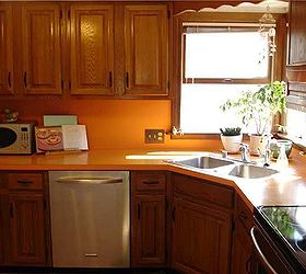 updated kitchen photo floor to ceiling bead board, kitchen design, wall decor, woodworking projects, Original 1980 s orange counter top I miss the corner window at the sink