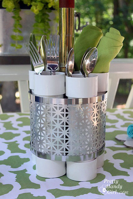 pretty versatile centerpiece made from pvc and radiator screen, crafts, flowers, living room ideas, patio, A utensil holder