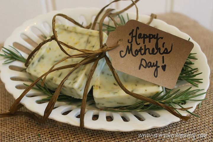 homemade rosemary citrus goats milk soap, crafts, I added a few bars to a white dish on a bed of fresh rosemary tied it with raffia and added a stamped gift tag from brown craft paper This makes a wonderful Mother s Day present
