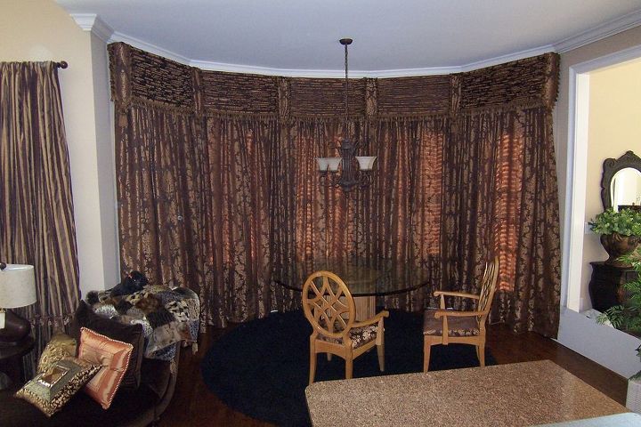 my client wanted window treatments in the eating area she wanted drapes to stop the, doors, home decor, reupholster, window treatments, windows, Draperies closed to stop the Plantation Shutter slats from appearing on the TV