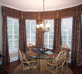 my client wanted window treatments in the eating area she wanted drapes to stop the, doors, home decor, reupholster, window treatments, windows, Eating area has unique and bay window valance and functional drapes