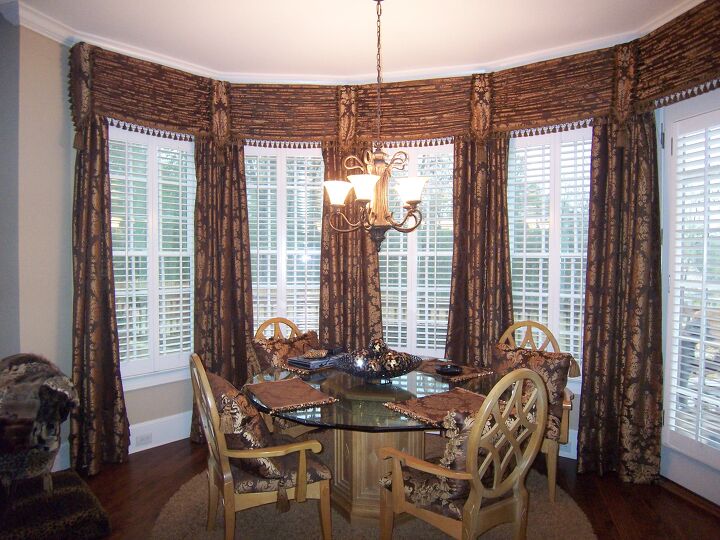 my client wanted window treatments in the eating area she wanted drapes to stop the, doors, home decor, reupholster, window treatments, windows, Eating area has unique and bay window valance and functional drapes