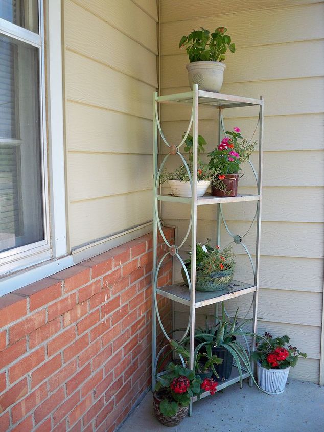 metal shelving to garden rack, flowers, repurposing upcycling, After paint and all my flowers
