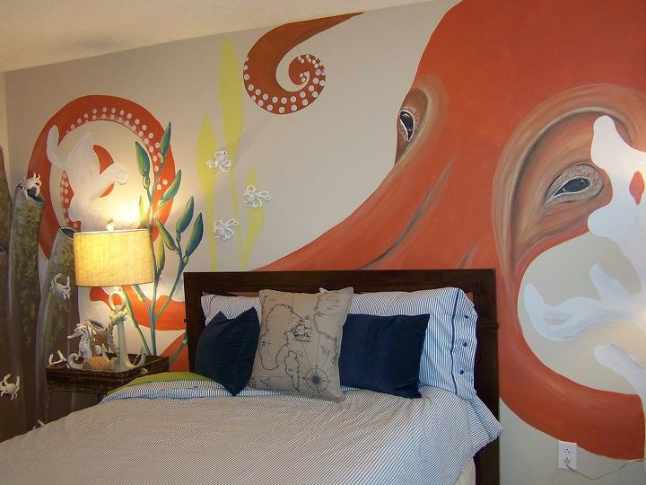 giant sqid engulfs this little boys room with playful tentacles a little, bedroom ideas, home decor
