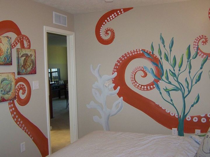 giant sqid engulfs this little boys room with playful tentacles a little, bedroom ideas, home decor