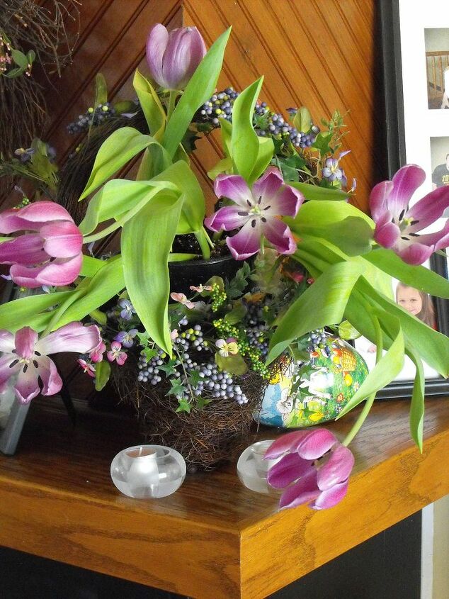 spring, container gardening, easter decorations, flowers, gardening, seasonal holiday d cor, Moss twig basket filled with tulips on mantle