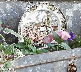 vintage galvanized tool box planter, flowers, gardening, repurposing upcycling, by adding a chipped Johnson Bros platter I was able to bring in some more color and a touch of elegance
